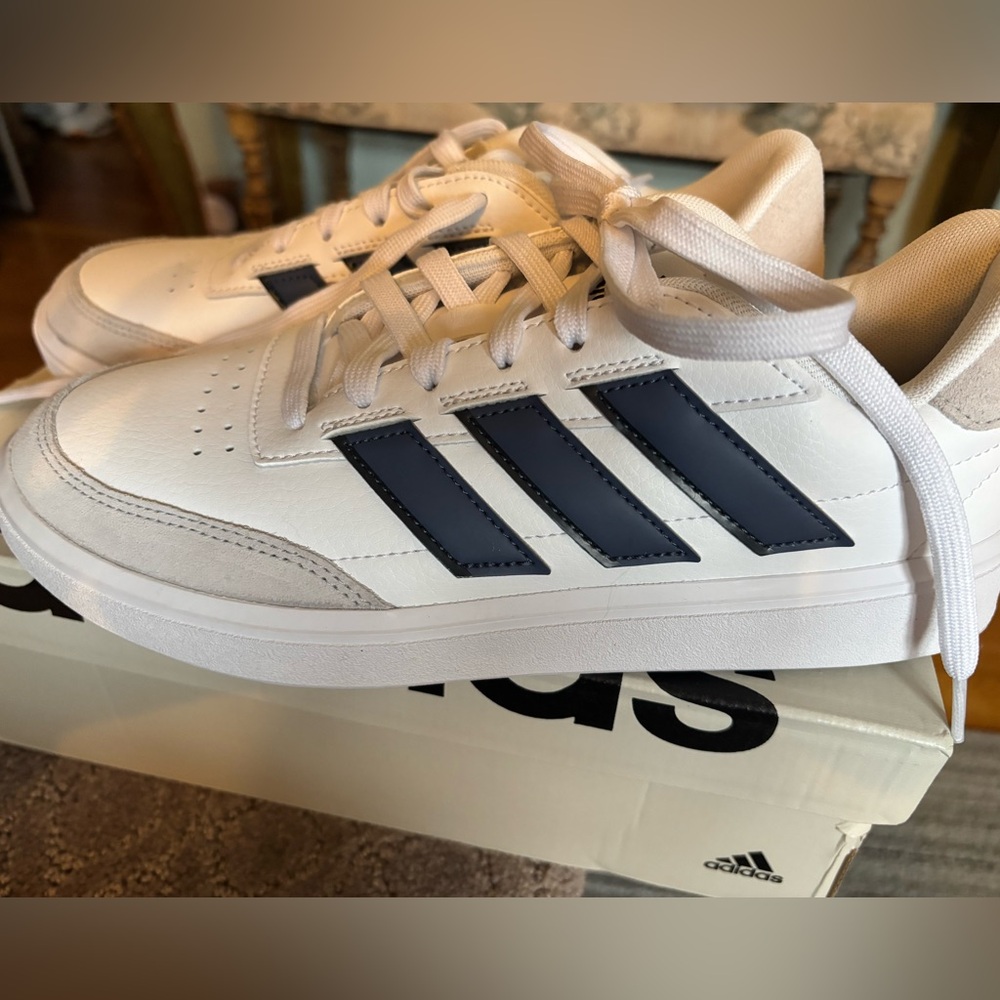 Adidas Men’s White and Blue Sneakers- COURT BLOCK